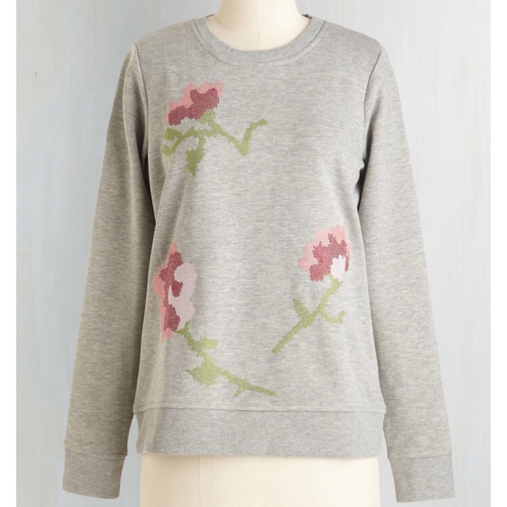 Modcloth Stitched Floral Gray Sweatshirt